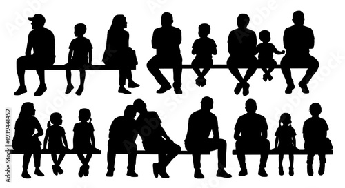 Diverse Group of People Sitting Silhouettes on Bench, Full Body View