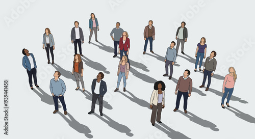 Diverse group of people standing and looking up, isometric view, vector illustration
