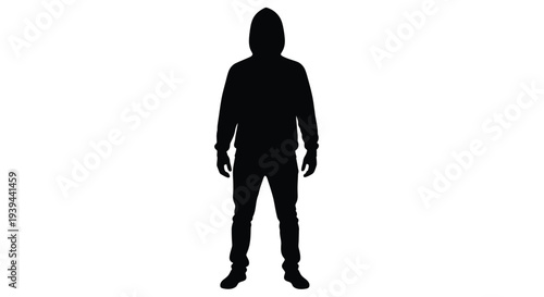 A stark full body silhouette of a person wearing a hooded sweatshirt silhouette