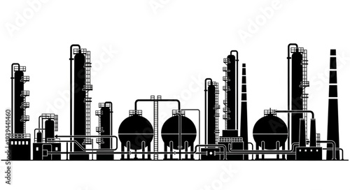 Industrial factory complex with silos and processing units.