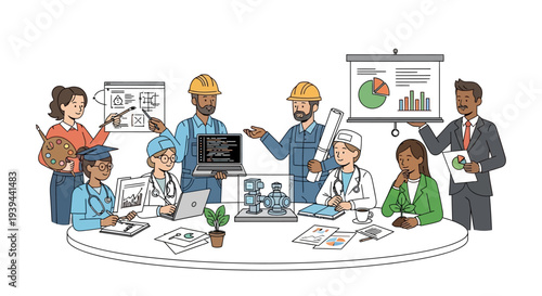 Diverse professionals collaborating in modern meeting room with laptops and blueprints