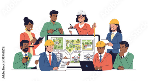 Diverse team of engineers and architects collaborating on urban planning project