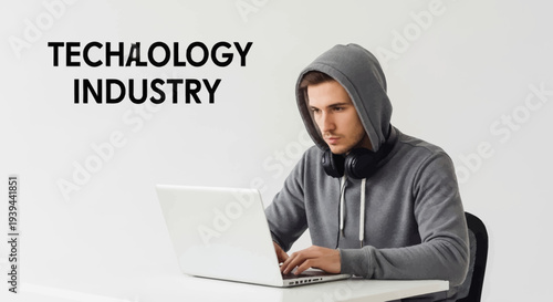 Young programmer working on laptop in modern workspace with headphones