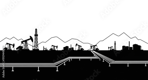 Oil rigs and refineries against a mountainous landscape silhouette.