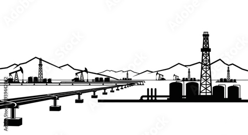 Industrial landscape with oil rigs and infrastructure.