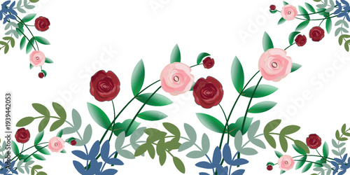 Panoramic view with red, pink roses, pine branches and cones, needles. Horizontal border for Christmas: flowers, buds, leaves on white background, digital draw illustration, watercolor style, vector