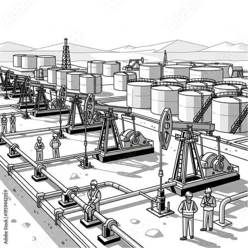 Oil extraction and processing facility with workers and equipment.