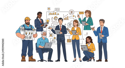 Diverse team collaborating on business project with laptops and documents