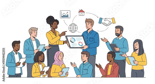 Diverse business team collaborating with laptops and tablets in modern office setting