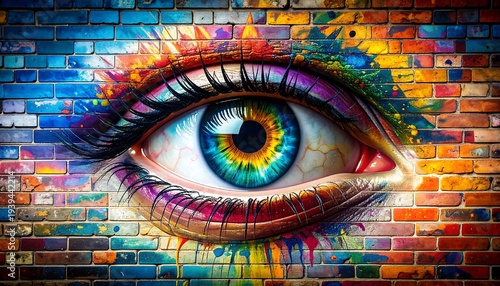 Vibrant, large eye painted on a weathered brick wall, blending art and street style with a rainbow of splashed colors
