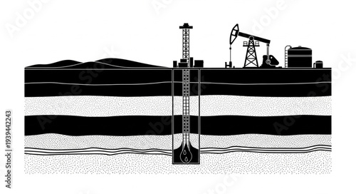 Oil extraction process illustration with pumpjack and well.