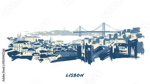A stylized blue ink sketch of the Lisbon skyline, featuring buildings and a prominent bridge over water.