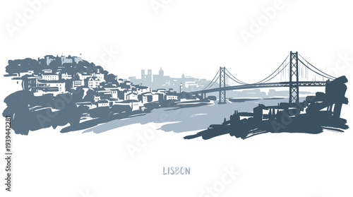 A sketch of the Lisbon skyline featuring a prominent suspension bridge spanning a body of water, with a hilly cityscape on the left.