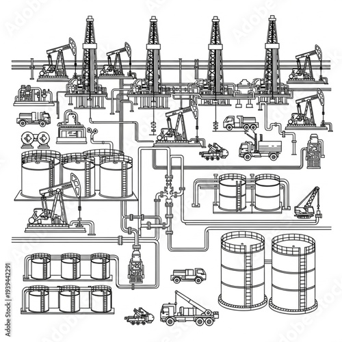 Detailed illustration of an oil refinery complex with various equipment and storage tanks.