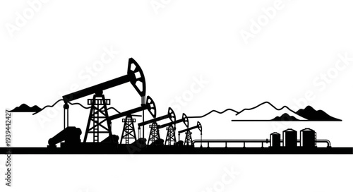 Oil rigs and pumps in a landscape with mountains.