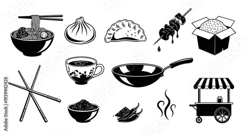 Asian Street Food and Traditional Cuisine Vector Elements