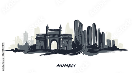 A stylized sketch of the Mumbai skyline featuring the iconic Gateway of India archway and modern skyscrapers.