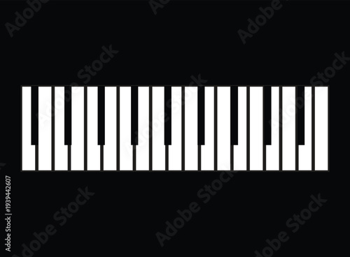 A minimalist graphic design of white piano keys on a black background.