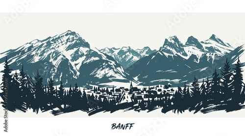 A scenic illustration of the town of Banff nestled amongst majestic snow-capped mountains and evergreen forests.