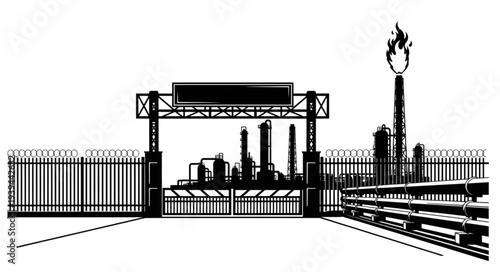 Industrial facility entrance with metal gate and fence.