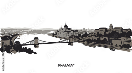 A panoramic black and white sketch of the Budapest skyline, featuring the Danube River and iconic bridges.