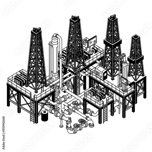 Detailed black and white illustration of an offshore oil rig platform.