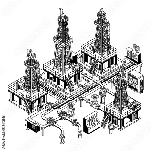 Detailed illustration of an oil rig infrastructure with multiple derricks and equipment.