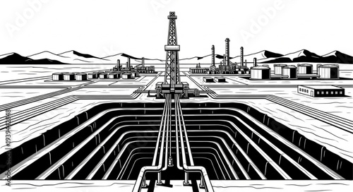 Industrial oil refinery landscape with pipelines and infrastructure.