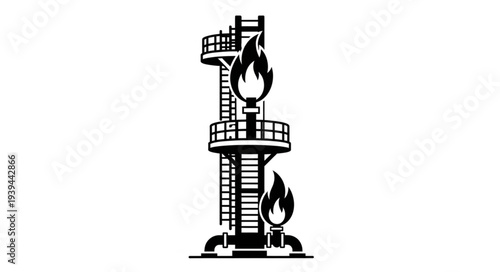 Black and white illustration of an oil rig with flames.