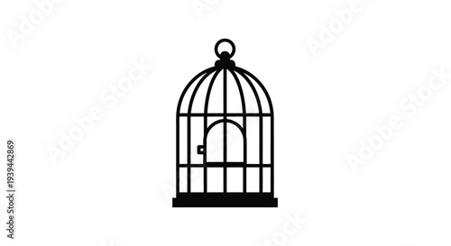 Simple black birdcage illustration with a hanging ring a stark silhouette