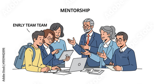 Diverse team collaborating on project with mentor guidance