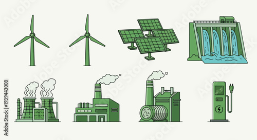 Green Energy Sources Wind Solar Hydro Nuclear  EV Charging Station Icons.