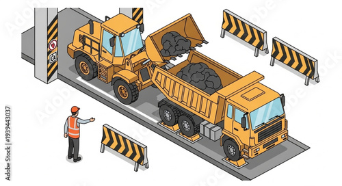 Construction site with dump trucks and safety barriers.