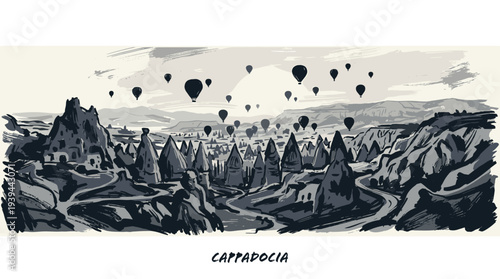 A panoramic sketch of Cappadocia, Turkey, showcasing its unique fairy chimney rock formations and numerous hot air balloons ascending into the sky.