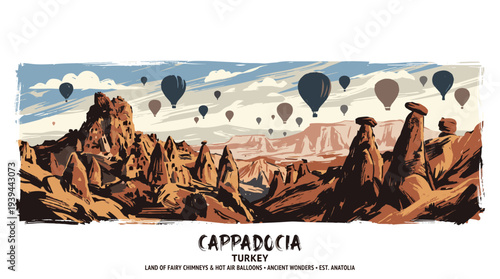 Hot air balloons gracefully float over the unique rock formations of Cappadocia, Turkey, a land of fairy chimneys and ancient wonders.