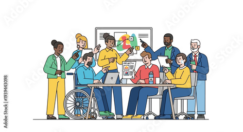 Diverse team collaborating on project with laptop and whiteboard