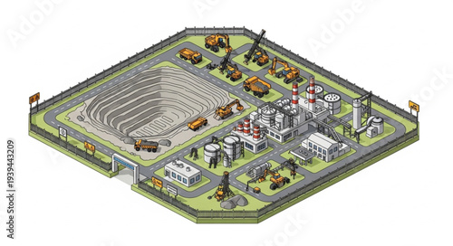 3D illustration of an industrial site with construction equipment and infrastructure.