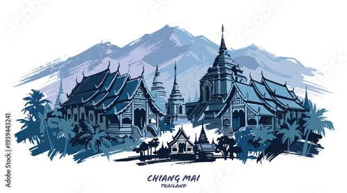 Artistic illustration of Wat Chedi Luang temple complex in Chiang Mai, Thailand, with mountains in the background.
