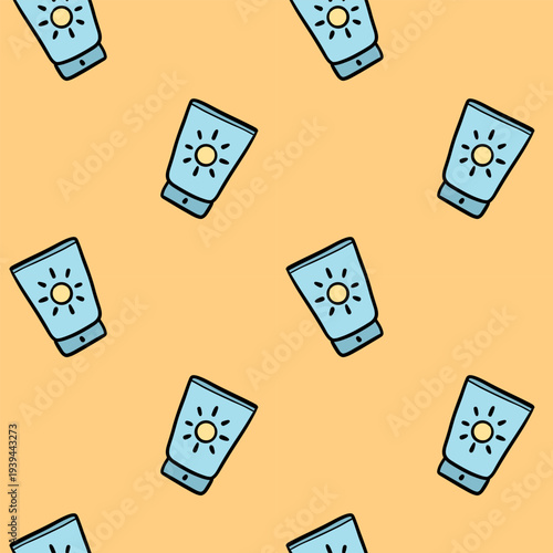Cute Sunscreen Seamless Pattern with Cartoon Sun Cream