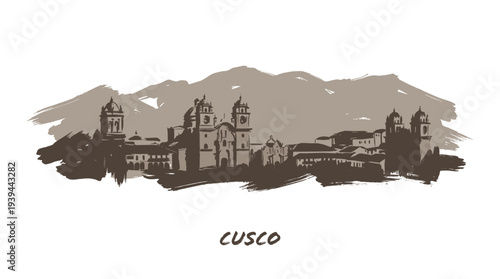 A sepia-toned sketch of the Cusco skyline with mountains in the background.