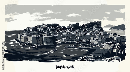 A monochromatic sketch of the historic walled city of Dubrovnik, Croatia, nestled on the Adriatic Sea.