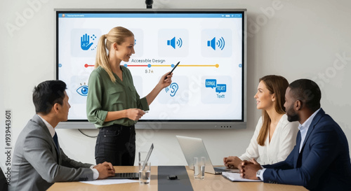 Businesswoman presenting accessible design concepts to diverse team in modern office
