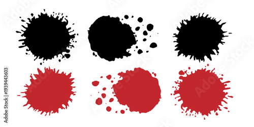Black and red ink splash set isolated on white background with grunge paint splatter and liquid drops for design vector