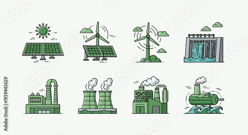 Green Energy Icons Renewable and Industrial Power Sources Collection.