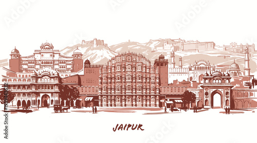 Detailed sketch illustration of the historic city of Jaipur, India, showcasing its iconic palaces and forts.