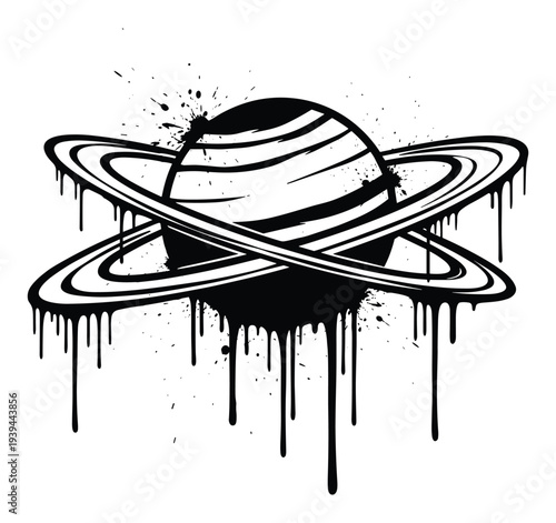 Saturn planet with rings in graffiti spray paint style dripping effects vector