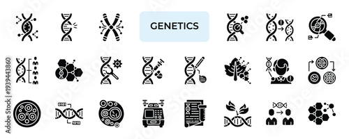 Genetics Icon set Collection in Solid Glyph Style. dna, mutation, biology, laboratory, research, science, cell