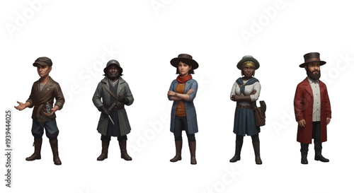 Diverse group of adventurers in steampunk attire standing together