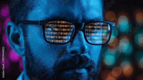 Close-up portrait of a man wearing glasses with code reflections on the lenses, representing World Telecommunication and Information Society Day, with a dark and colorful background.