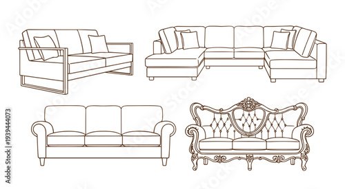 Modern and classic sofa set collection for living room furniture design vector